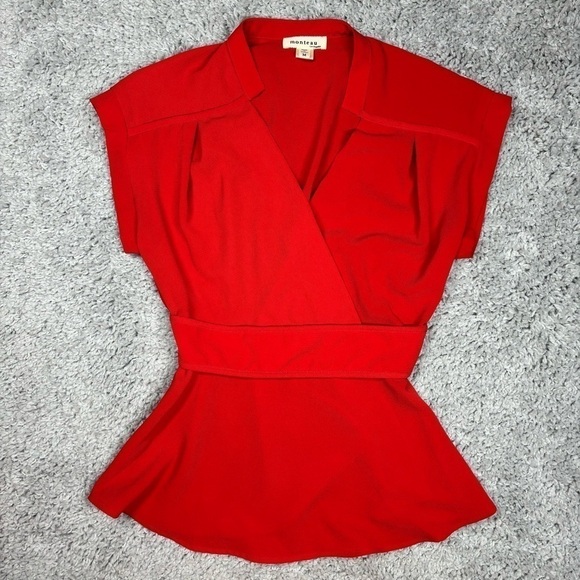 Monteau Top Womens Medium Blouse Short Sleeve Classic Red Work Office Profession - Picture 1 of 3